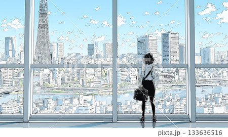 高層ビル群を見下ろすキャリア女性