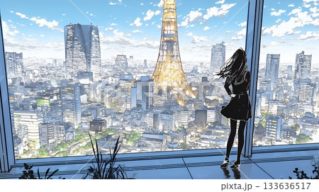 高層ビル群を見下ろすキャリア女性