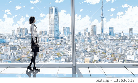 高層ビル群を見下ろすキャリア女性