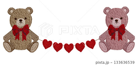 【テディベアとハートのガーランド】手刺繍イラスト素材 133636539