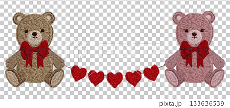 【テディベアとハートのガーランド】手刺繍イラスト素材 133636539