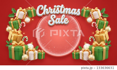 Red Christmas Sale Banner with Festive Decorations 133636631