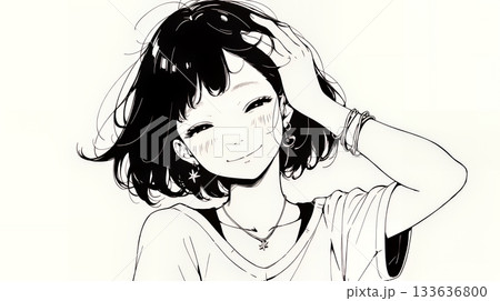 気恥ずかしそうに頭をかき、ごまかすような仕草を見せる若い女性（シンプルな色使い）