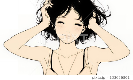 気恥ずかしそうに頭をかき、ごまかすような仕草を見せる若い女性（シンプルな色使い）