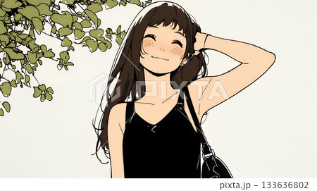 気恥ずかしそうに頭をかき、ごまかすような仕草を見せる若い女性（シンプルな色使い）