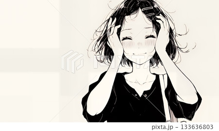 気恥ずかしそうに頭をかき、ごまかすような仕草を見せる若い女性（シンプルな色使い）