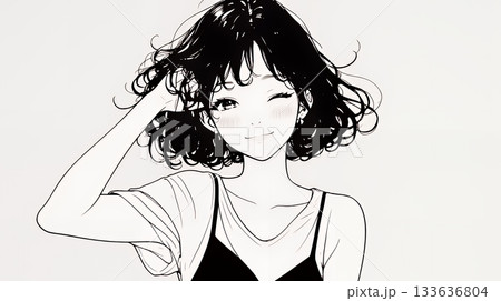 気恥ずかしそうに頭をかき、ごまかすような仕草を見せる若い女性（シンプルな色使い）