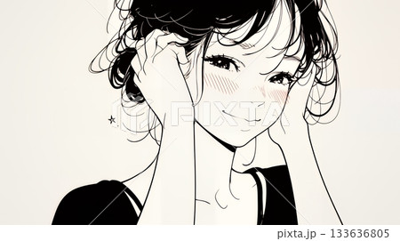 気恥ずかしそうに頭をかき、ごまかすような仕草を見せる若い女性（シンプルな色使い） 133636805