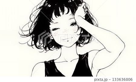 気恥ずかしそうに頭をかき、ごまかすような仕草を見せる若い女性（シンプルな色使い）