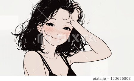 気恥ずかしそうに頭をかき、ごまかすような仕草を見せる若い女性（シンプルな色使い）