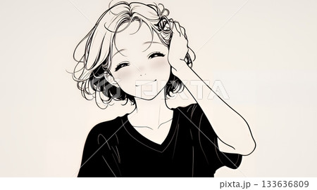 気恥ずかしそうに頭をかき、ごまかすような仕草を見せる若い女性（シンプルな色使い）