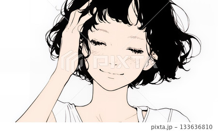 気恥ずかしそうに頭をかき、ごまかすような仕草を見せる若い女性（シンプルな色使い）