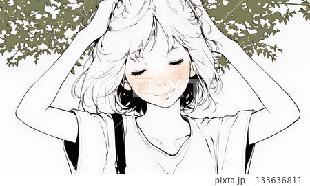 気恥ずかしそうに頭をかき、ごまかすような仕草を見せる若い女性（シンプルな色使い）