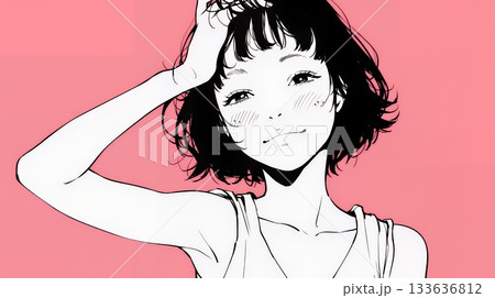 気恥ずかしそうに頭をかき、ごまかすような仕草を見せる若い女性（シンプルな色使い）