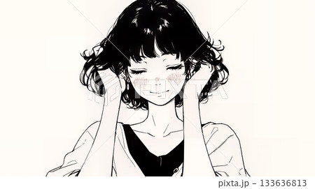 気恥ずかしそうに頭をかき、ごまかすような仕草を見せる若い女性（シンプルな色使い）