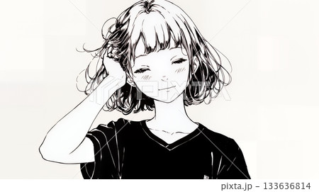 気恥ずかしそうに頭をかき、ごまかすような仕草を見せる若い女性（シンプルな色使い）