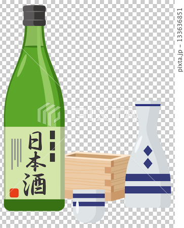 瓶に入った日本酒と徳利、おちょこ、升 133636851