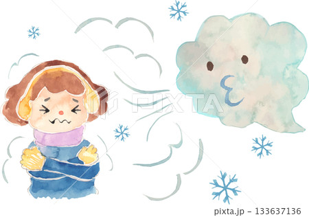 北風に吹かれ、寒さを感じる子どものイラスト　ベクター 133637136