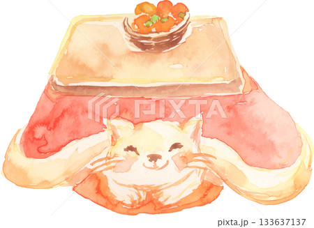 こたつに入る猫のイラスト　ベクター 133637137