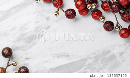 Christmas ornament on marble table background, top view 133637196