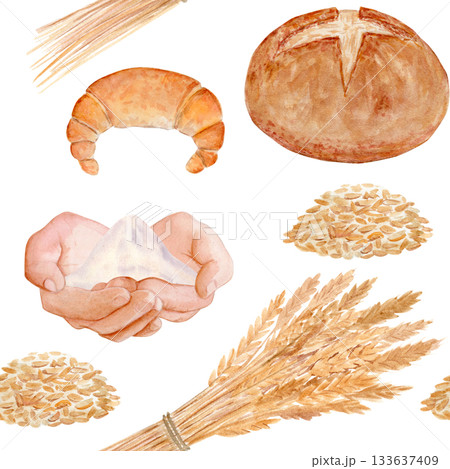 Crescent roll, round bread, wheat grains, wheat bundle. Seamless watercolor pattern on white background. Perfect for bakery packaging, kitchen textiles, menu, wrapping paper, rustic food branding Crescent roll, round bread, wheat grains, wheat bundle. Seamless watercolor pattern on white background. Perfect for bakery packaging, kitchen textiles, menu, wrapping paper, rustic food branding 133637409