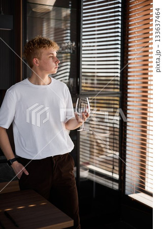 Portrait showcasing young man with wine glass in sunlight 133637464