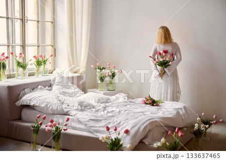 Elegant bridal flower scene, Serene moment with tulips and soft 133637465