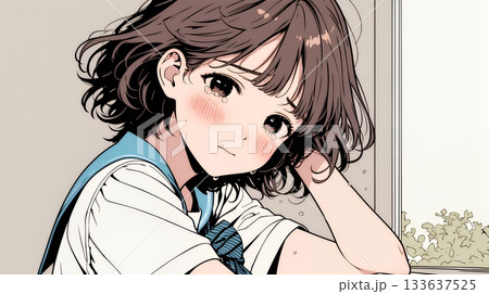 涙ぐむ制服姿の女子高生