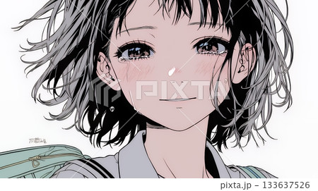 涙ぐむ制服姿の女子高生