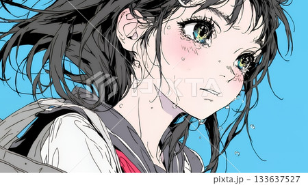 涙ぐむ制服姿の女子高生