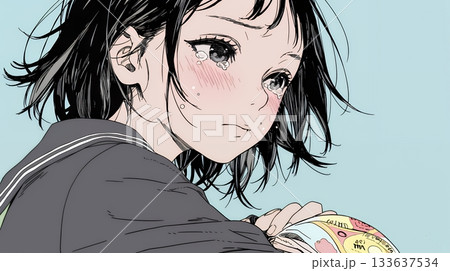 涙ぐむ制服姿の女子高生