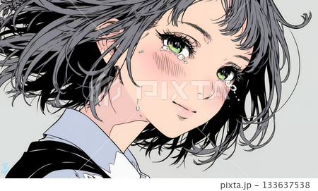 涙ぐむ制服姿の女子高生