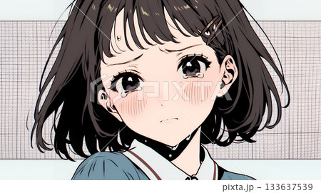 涙ぐむ制服姿の女子高生