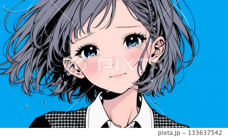 涙ぐむ制服姿の女子高生