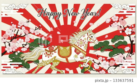 新年の馬と初日の出のスマホ用年賀状イラスト　 133637591