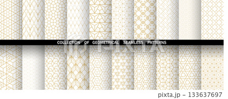 Geometric set of seamless golden and white patterns. Simple vector graphics 133637697