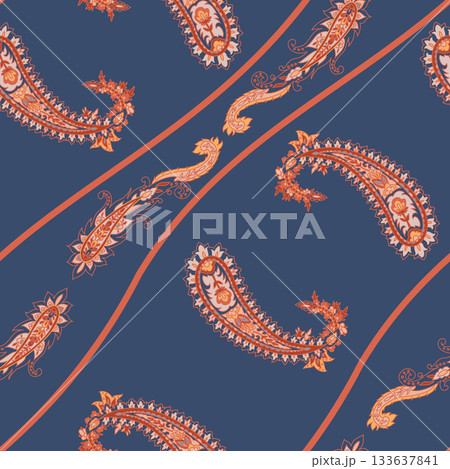 Bold Navy Curved Paisley Stripes 133637841