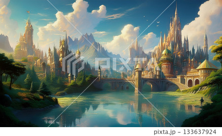 妖精のお城のメルヘンな風景画。 133637924
