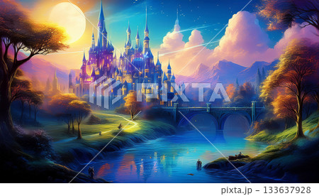 妖精のお城のメルヘンな風景画。 133637928