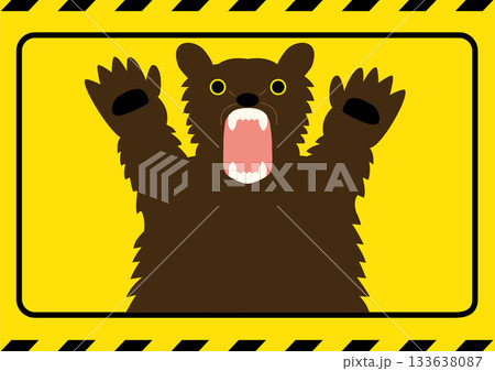 ヒグマがガオーっと手をあげているイラスト、背景黄色警告 ヒグマがガオーっと手をあげているイラスト、背景黄色警告 133638087