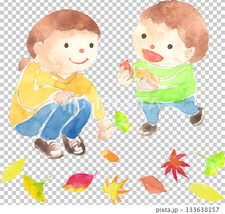 Vector illustration of a parent and child picking up autumn leaves Vector illustration of a parent and child picking up autumn leaves 133638157