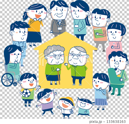 地域で支える介護と福祉のつながり — 高齢者を中心に多様な人々のイラスト 133638163