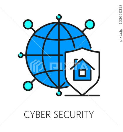 Home security cyber security color line icon or pictogram. Network safe access system outline vector icon, data protection sign. Cyber security service pictogram or symbol with planet globe and shield 133638318
