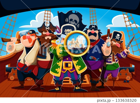 Cartoon pirate sailors and captain crew characters on the ship deck. Vector rover personages in classic corsair attire, holding weapons, black flag and a spyglass, suggesting a high seas adventure Cartoon pirate sailors and captain crew characters on the ship deck. Vector rover personages in classic corsair attire, holding weapons, black flag and a spyglass, suggesting a high seas adventure 133638320
