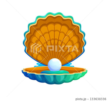 Cartoon ocean blue pearl shell or oyster clam. Marine rare pearl isolated vector shell, ocean nature jewelry seashell. Sea bottom valuable scallop mollusk or underwater life precious oyster clam 133638336
