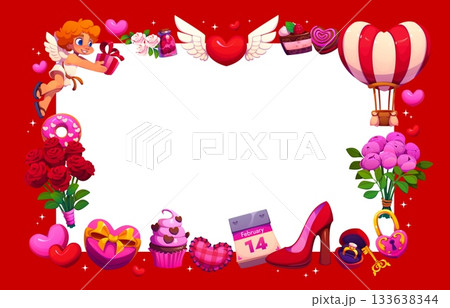 Valentines day holiday greeting card template. Cartoon vector rectangular love frame border with cherub holding gift box, winged heart, hot air balloon, roses, cupcake and woman shoe on red background Valentines day holiday greeting card template. Cartoon vector rectangular love frame border with cherub holding gift box, winged heart, hot air balloon, roses, cupcake and woman shoe on red background 133638344