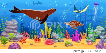 Fur seal and sea animals in underwater landscape with sunken ship, vector cartoon background. Sea or ocean underwater landscape with sunken boat with undersea stingray, turtle or crab and jellyfish 133638349