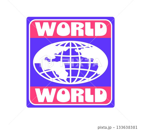 World geography globe Y2K groovy sticker or patch. Y2K vector mesh sphere label, planet wireframe globe sticker. World terrestrial sphere patch with white globe on purple background and typography World geography globe Y2K groovy sticker or patch. Y2K vector mesh sphere label, planet wireframe globe sticker. World terrestrial sphere patch with white globe on purple background and typography 133638381