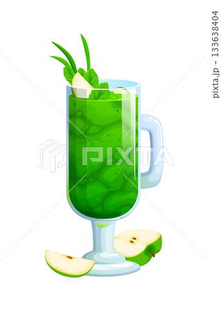 Green vegan smoothie drink with apple, mint and lemongrass in glass cup, cartoon vector. Green organic vegan smoothie of fresh fruits and herbs with drinking straw for juice and organic vitamin drink 133638404