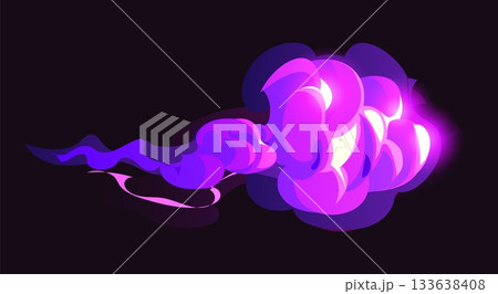 Smoke magic effect of cartoon purple light in cloud swirl, vector dust fog. Magic spell blast or smoke wave shot of energy explosion of fire lightning or mystic explode splash of magic wand Smoke magic effect of cartoon purple light in cloud swirl, vector dust fog. Magic spell blast or smoke wave shot of energy explosion of fire lightning or mystic explode splash of magic wand 133638408